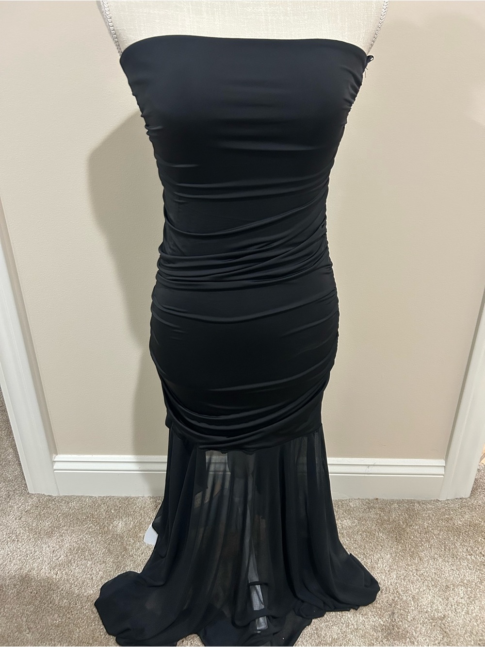 Strapless Black Ruched Maxi Dress with Sheer Train